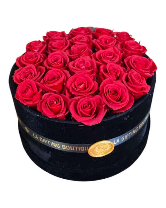 24 Timeless Roses in Black Velvet Round Hat Box.