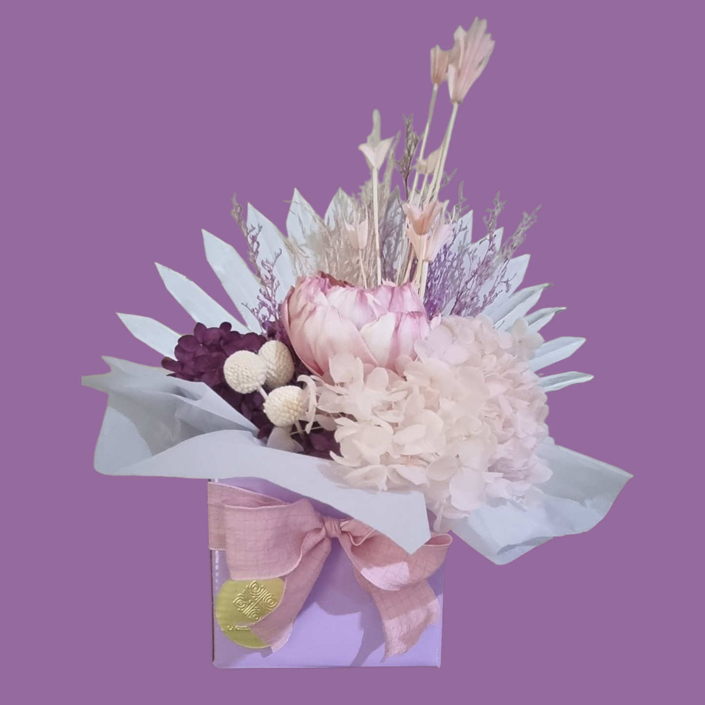 Dried Floral Arrangement in Pink and Purple Hues