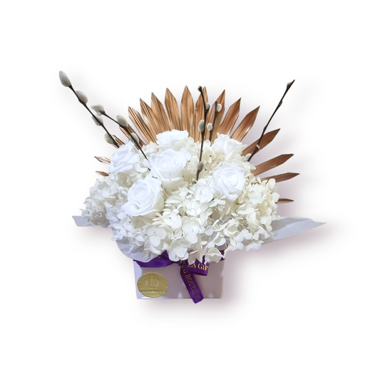 White and Gold Timeless Roses and Hydrangeas Boxed Arrangement.